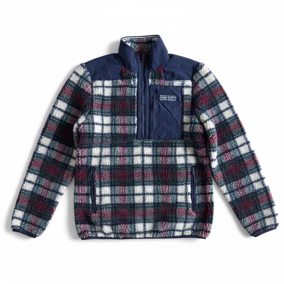 Vineyard Vines Plaid Sherpa Fleece Pullover Preppy Jacket Navy Red Green Size S